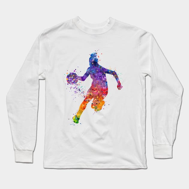 Girl Basketball Player Colorful Watercolor Silhouette Long Sleeve T-Shirt by LotusGifts